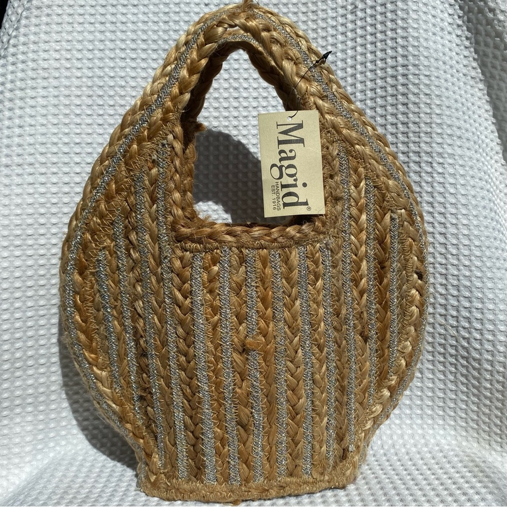 Magid Woven straw beach handbag in Natural and silver thread NWT
